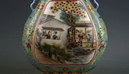 清代 銅胎掐絲琺瑯「錦繡山河」雙耳抱月瓶-大清乾隆年制「舊藏」